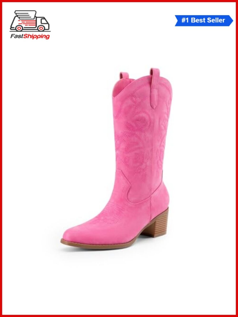 ✨ Western Mid Calf Cowboy Boots Faux Leather Square Toe Embroidered Wide Calf